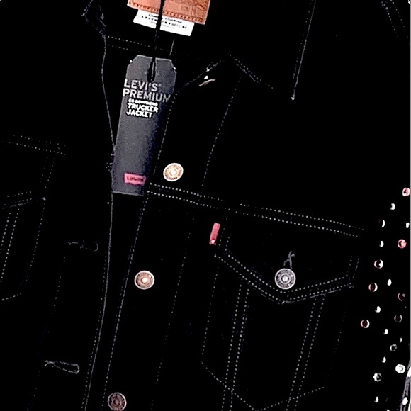 SALE Levi’s Trucker Ex Boyfriend Crystal Studded Black Wash Jean Jacket - Picture 10 of 13